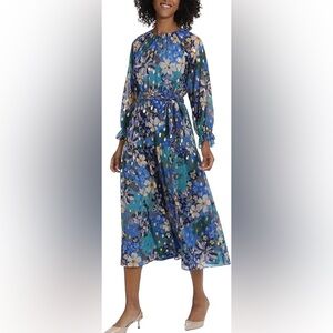 NWT New MAGGY LONDON Yoryu Floral Belted Midi Long Sleeve Dress 18 Blue Green